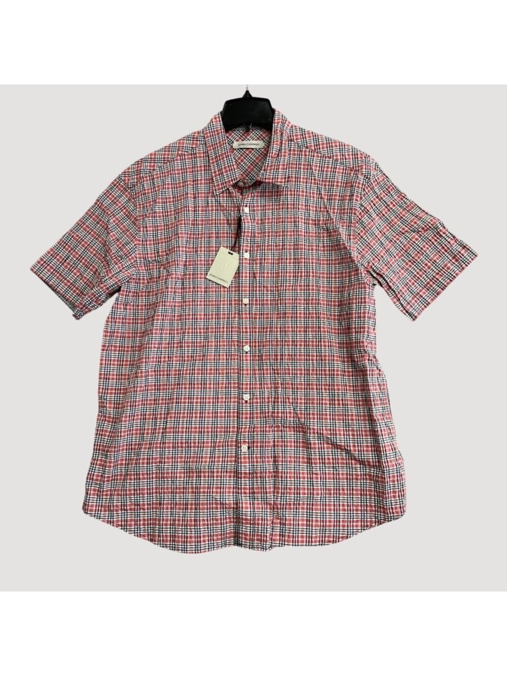 NWT James Campbell Men's XL Red & Navy Plaid Short Sleeve Button-Up Shirt P0433